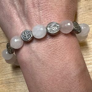 St Benedict | Light Pink Gemstone | Breast Cancer Ribbon Charm Bracelet| NEW